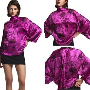 Zara Satin Magenta Chinoiserie Jacquard Tie Back Kimono Sleeve Blouse - M